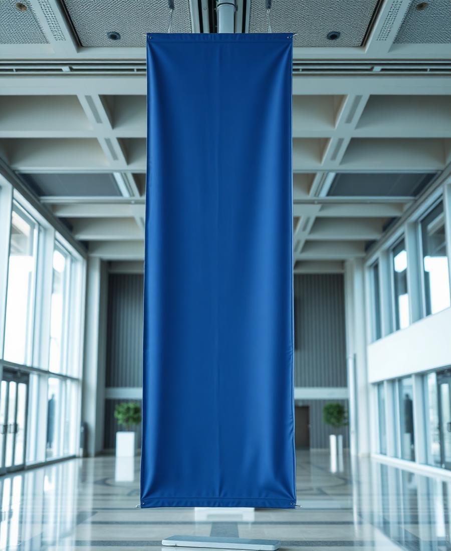 Banner vertical instalado em um hall corporativo