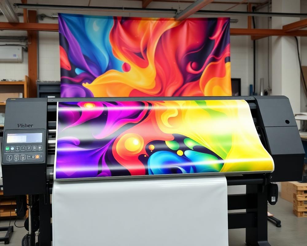 Impressora de grande formato produzindo um banner colorido